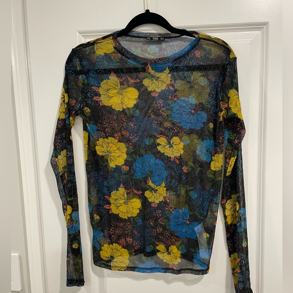 Zara shimmery mesh floral long sleeve top